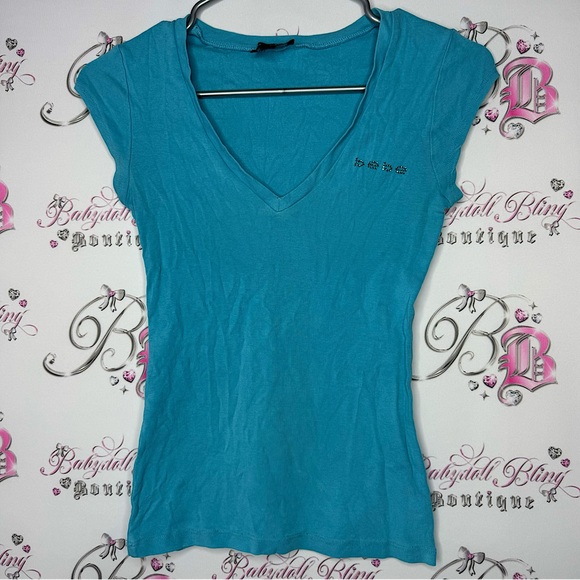 Bebe top bling blue Swarovski crystal diamonds turquoise y2k baby tee tank 2000s - Picture 1 of 9